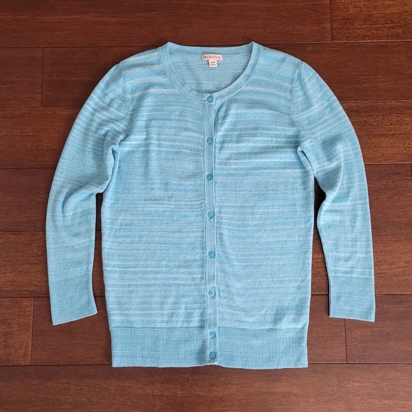 Merona Women's Size M Blue Striped 3/4 Sleeve Button-Up Cardigan Sweater - Picture 6 of 9